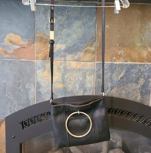 Foley and Corinna Small Black Leather Purse Gold Handles and Crossbody Strap